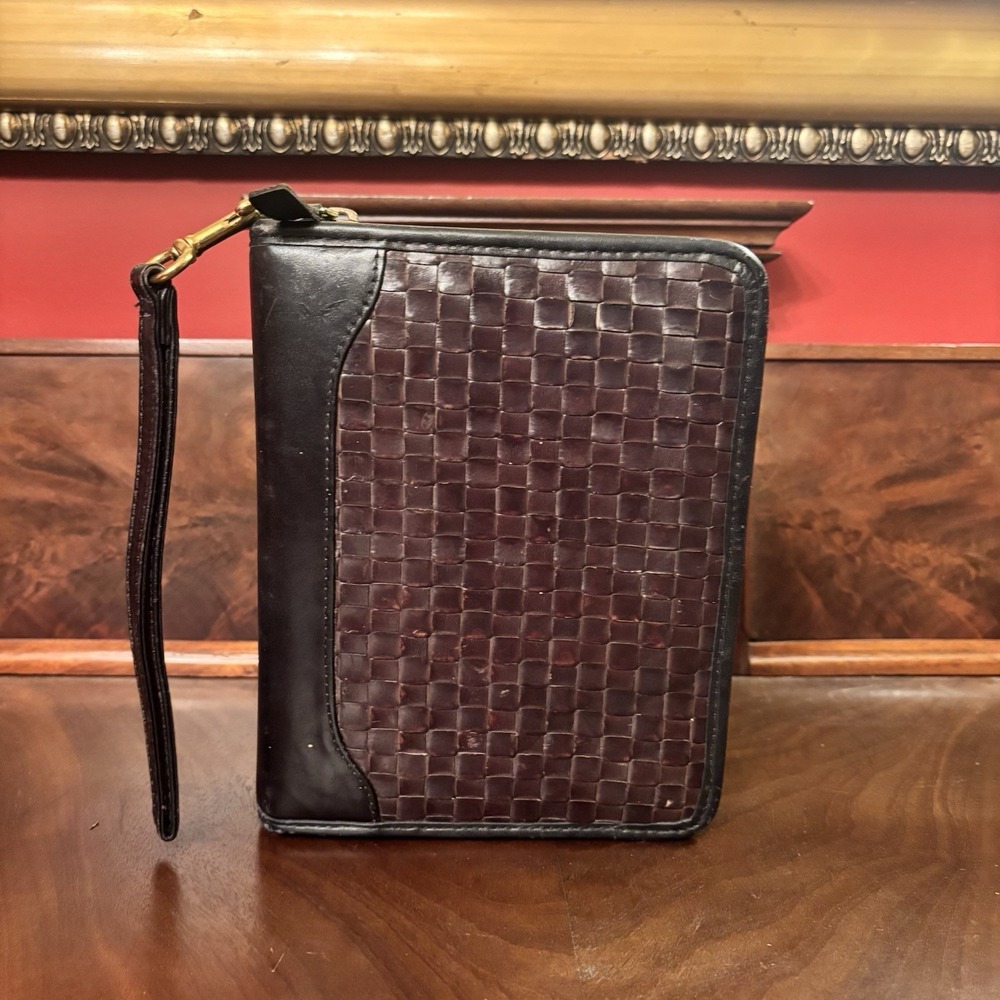 Franklin Quest Leather Planner Binder 8x6 Zip Around Calfskin USA Brown Woven
